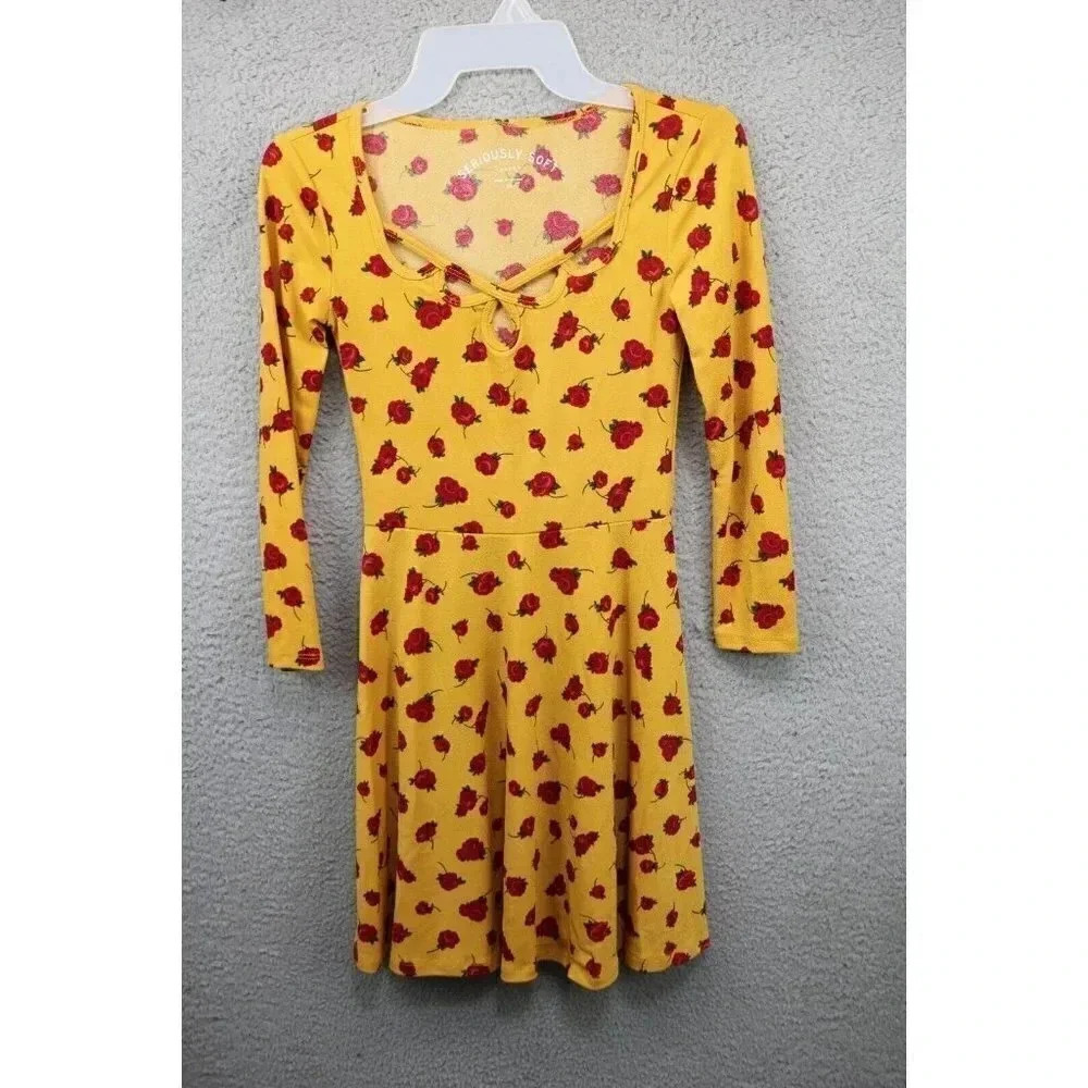 Aeropostale Seriously Soft Fit & Flare Dress-Size XS-Gold w/Roses